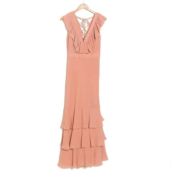 NWT Ted Baker London Ashleigh Crinkle Crepe Ruffle Dusty Pink Maxi Dress Size 5 - Picture 5 of 6